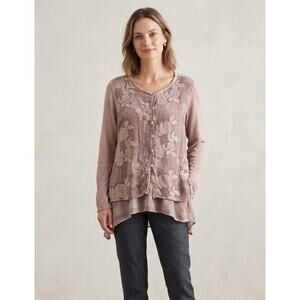 SCANDAL Italy Embroidered Button Front Cardigan Tunic Top Lagenlook Layered Sz L